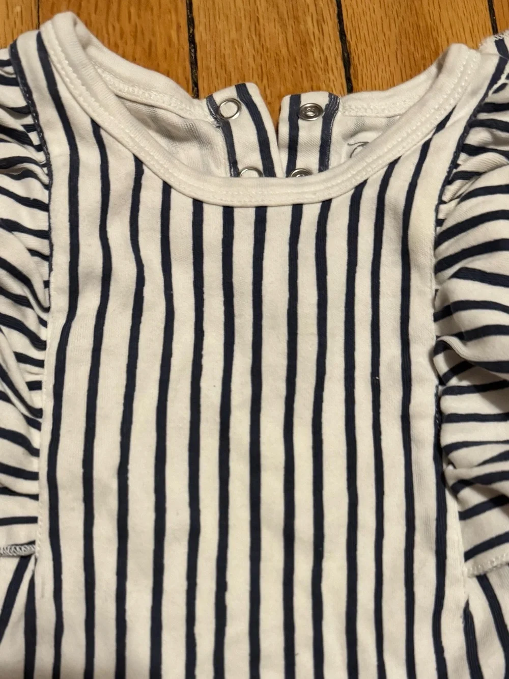 Pehr navy blue striped sleeveless ruffle romper 6-12M